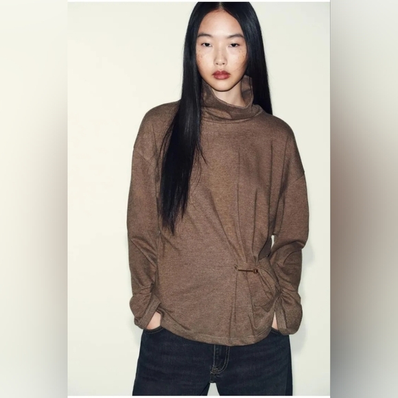 ✨2/$50✨NWT Zara Soft Cowl Neck Top In Taupe Brown - Picture 1 of 12